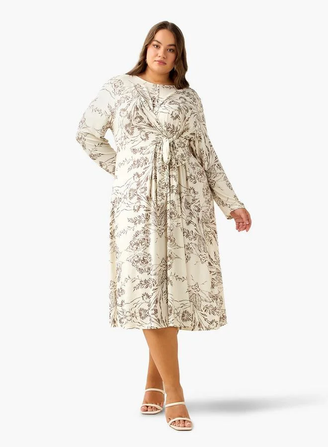 Ulla Popken Ulla Popken A-line Midi Dress with Knot Detail and Floral Print